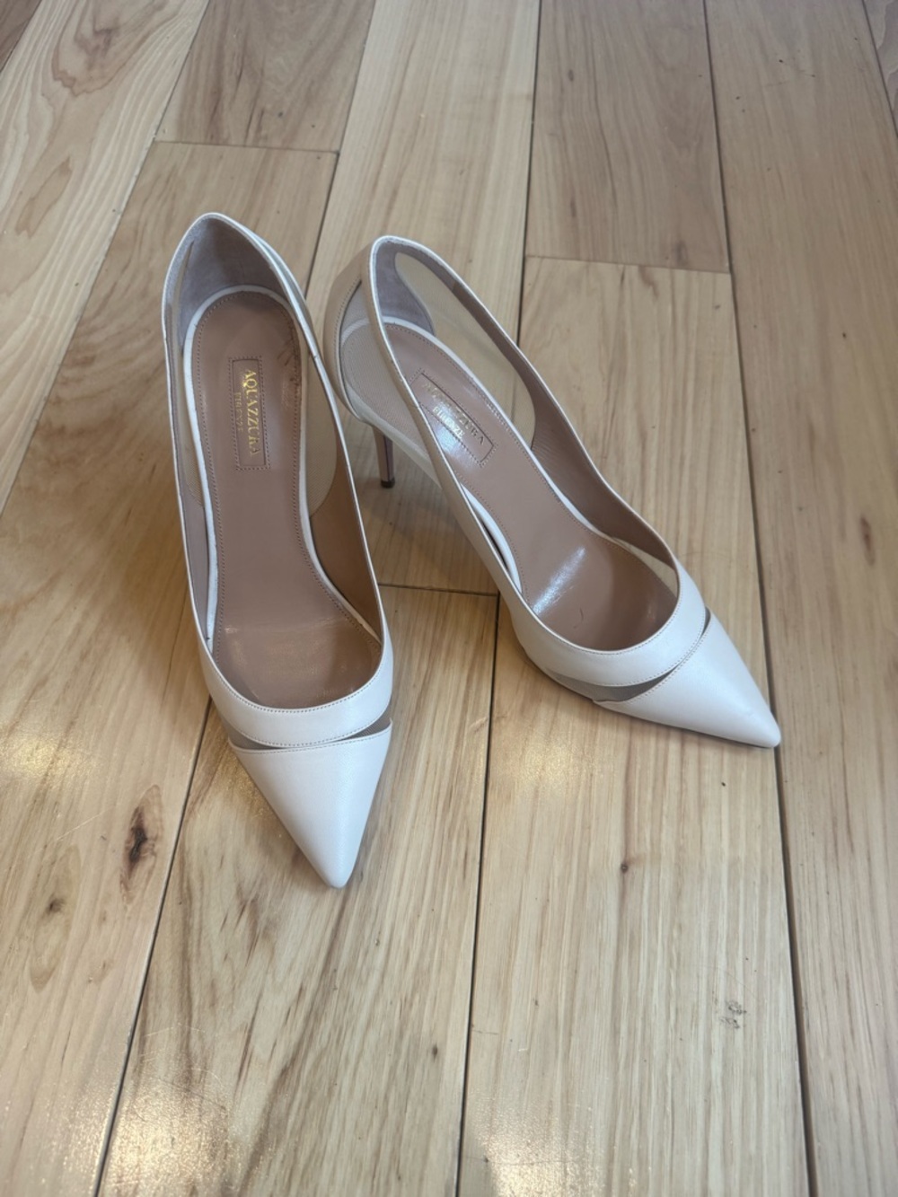 Aquazzura Ivory Pointed-Toe Mesh Panel Stiletto Pumps - Picture 11 of 15